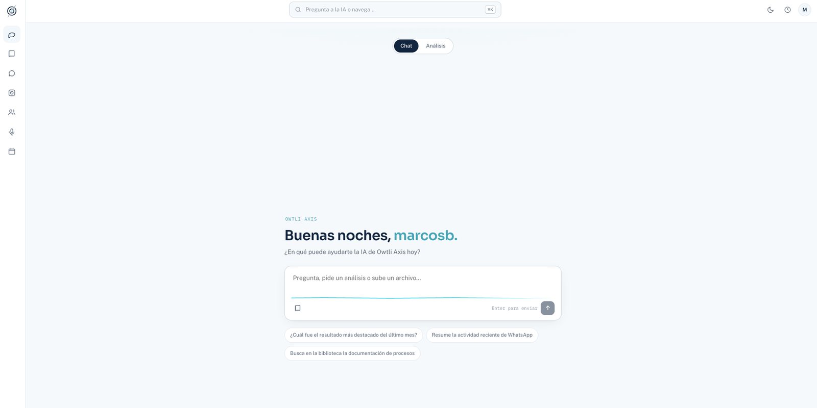 Pantalla de inicio de Owtli Axis con el chat de IA
